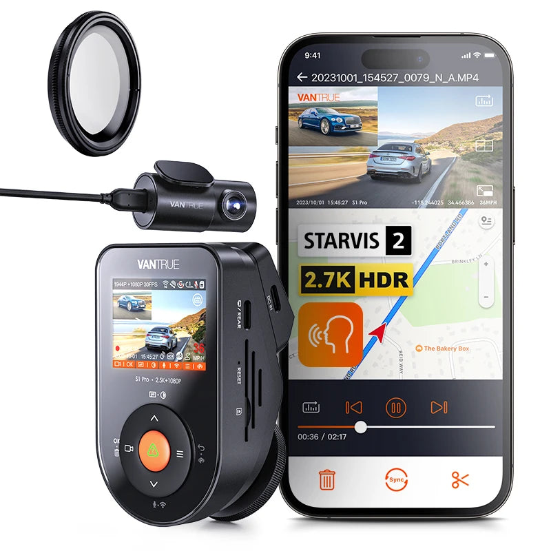 Vantrue S1Pro DashCam 2.7K Dual Dash Cam Front and Rear 5G WiFi 60FPS Hidden Dash Camera w/HDR Night Vision GPS Voice Control
