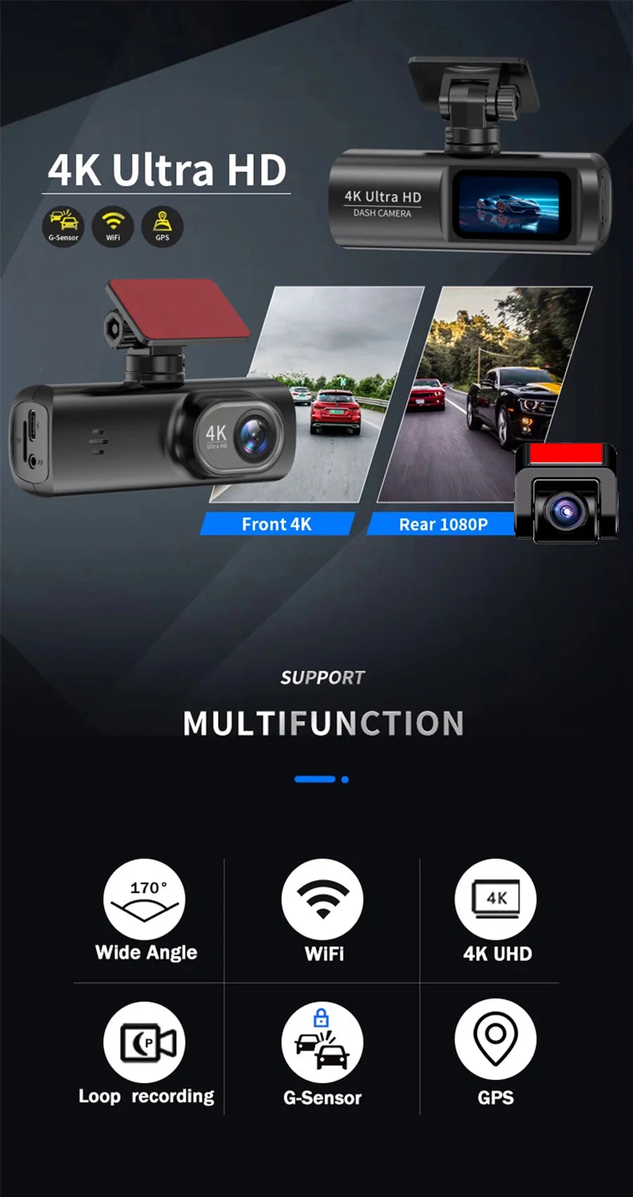 E-ACE Dashcam 4K GPS WIFI front and rear 3 channel car dvr dash cam usb 2 camera Video recorder Black box auto systems Smart