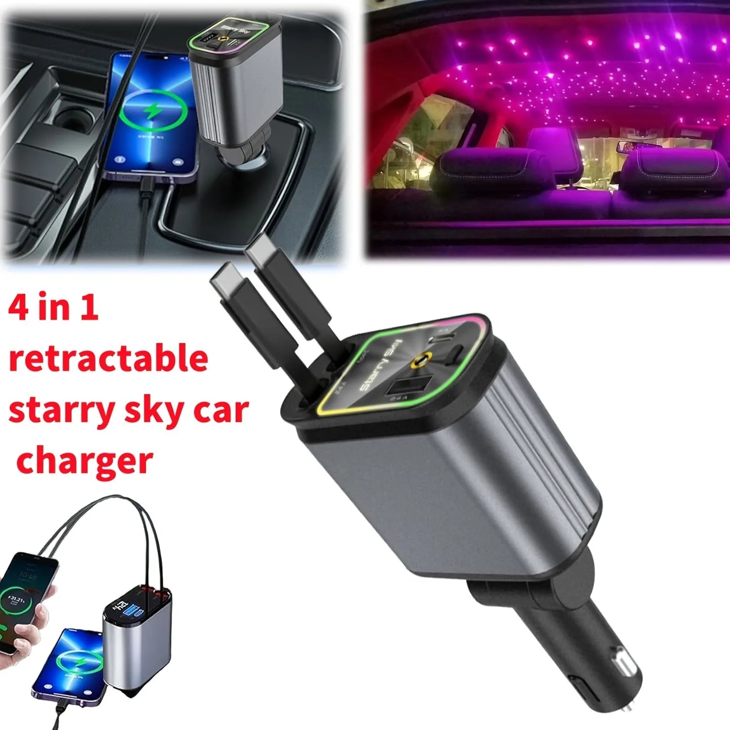 4in1 Retractable Car Charger with USB Roof Star Type-C Cable for iPhone Fast Charging Cigarette Lighter Adapter Starlight Phone