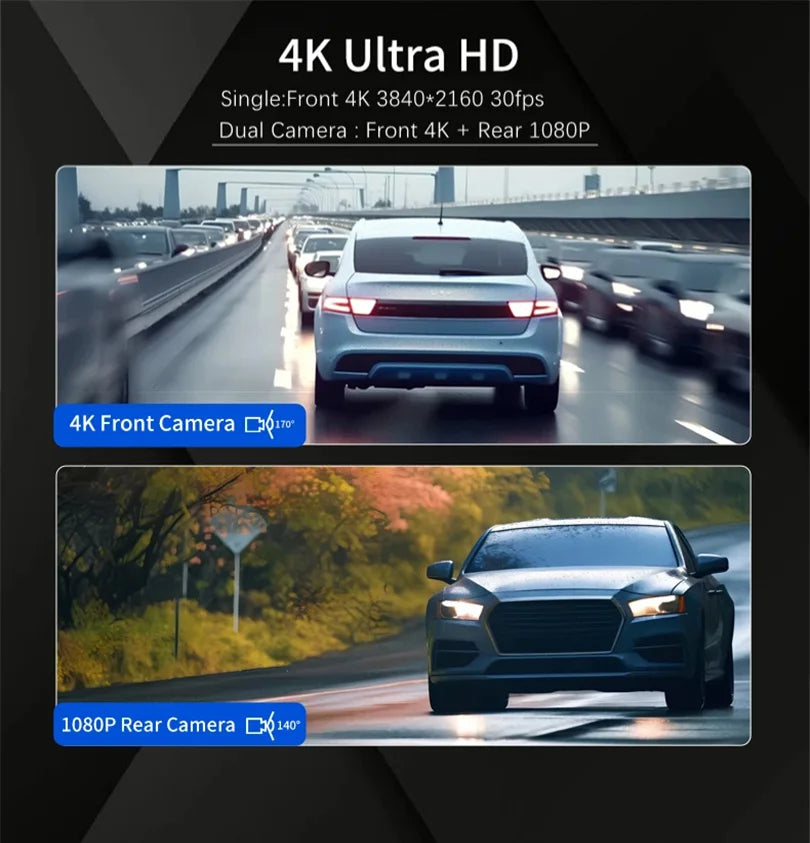 E-ACE Dashcam 4K GPS WIFI front and rear 3 channel car dvr dash cam usb 2 camera Video recorder Black box auto systems Smart