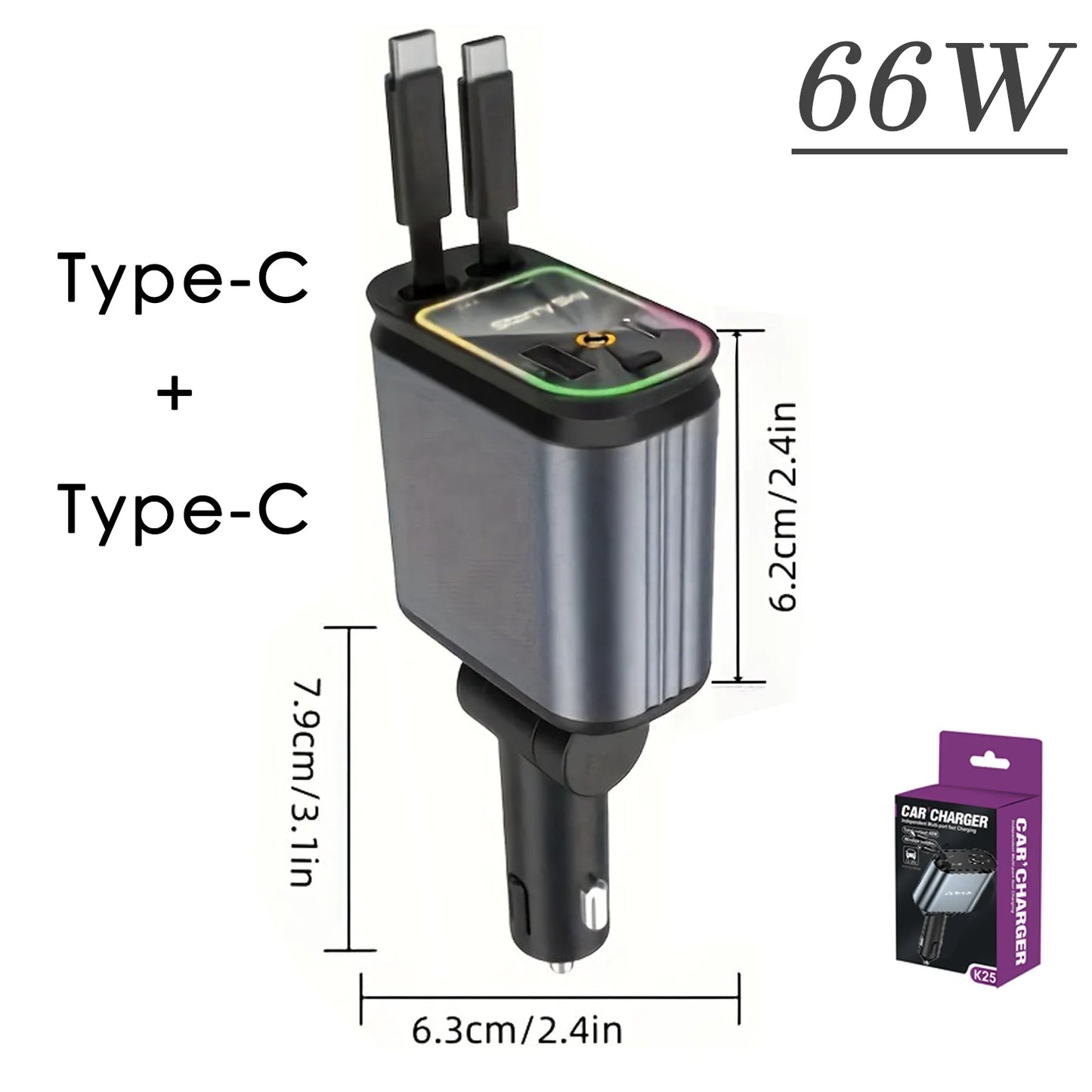 4in1 Retractable Car Charger with USB Roof Star Type-C Cable for iPhone Fast Charging Cigarette Lighter Adapter Starlight Phone