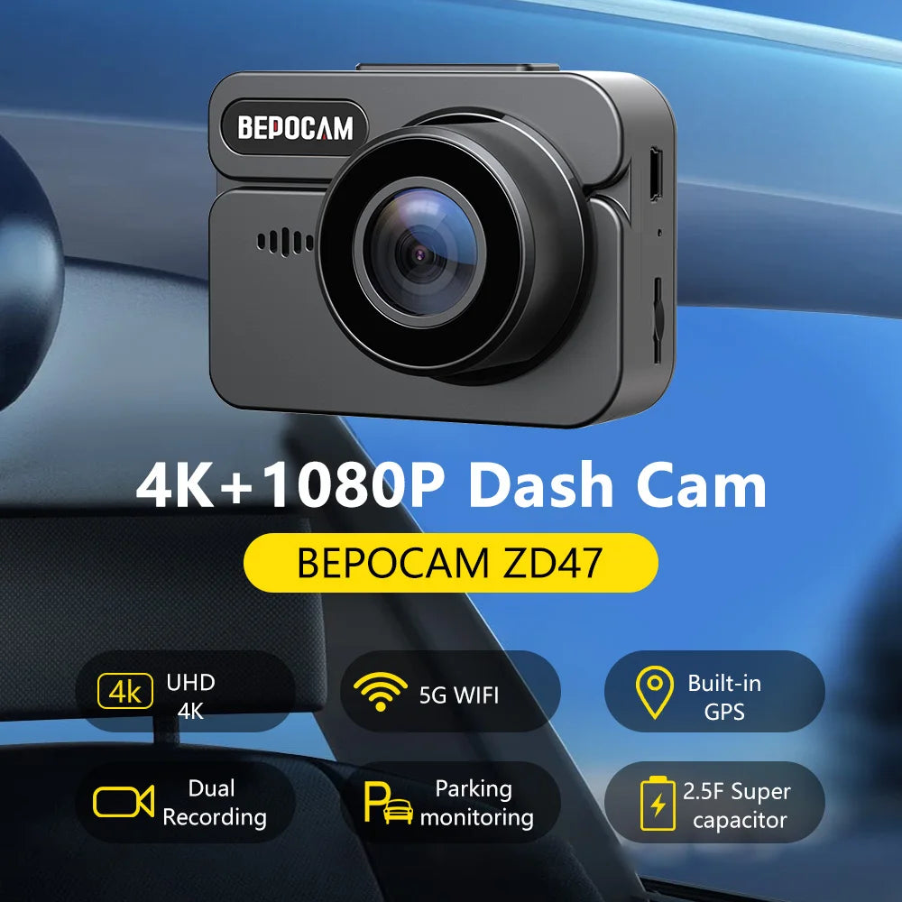 BEPOCAM Dash Cam ZD47 4K HD Dash Car Camera 2" Screen F1.8 Night Vision WDR Car DVR Built-In GPS Wi-Fi G-Sensor Motion Detection