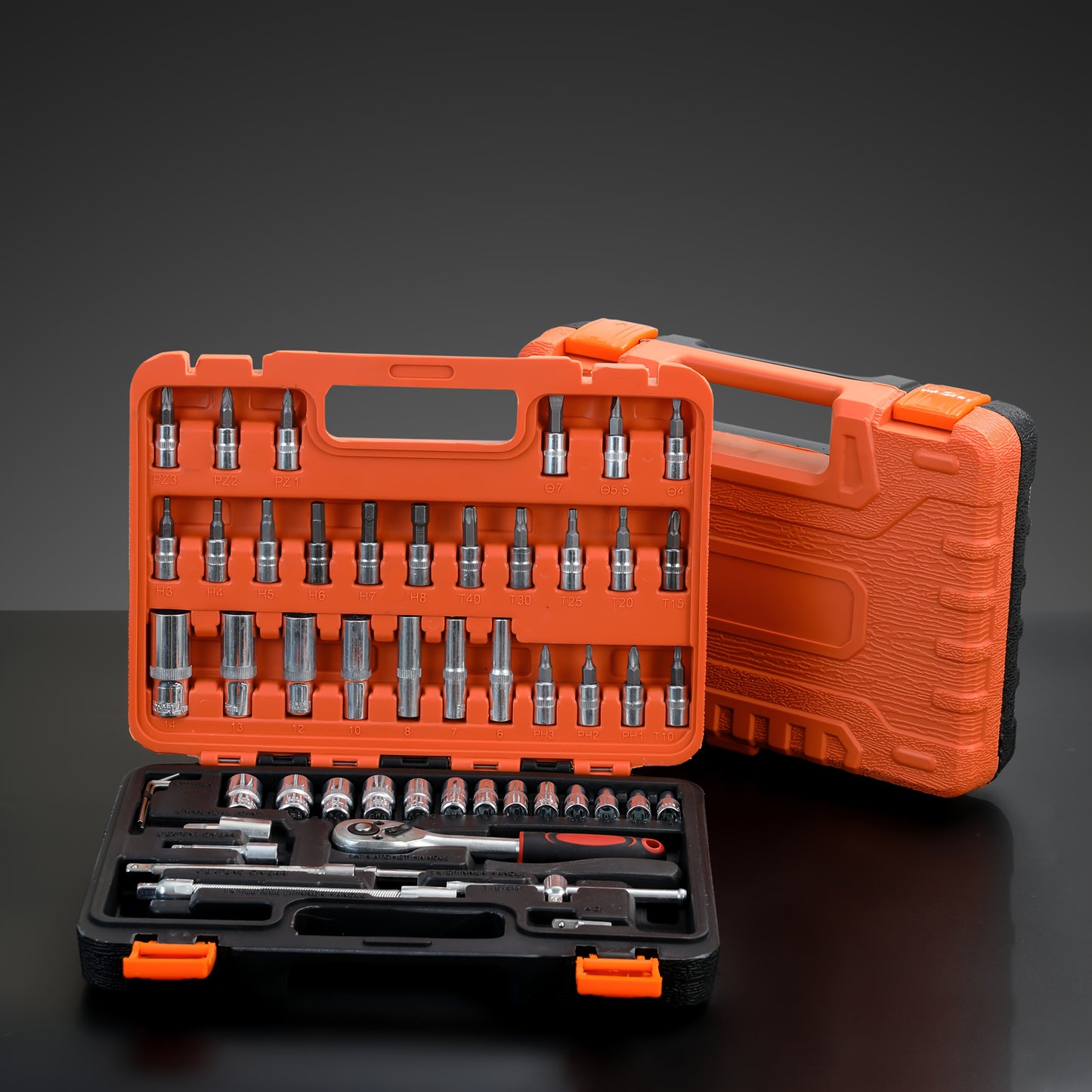 53/50pcs Cr-V Impact Socket Set, 3/8" Drive, 6-Point Design, SAE (5/16" To 3/4") & Metric (8 To 22mm) Sizes, Includes Ratchet Handle, Extension Bar, Joint, And Gloves