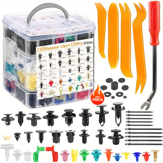415pcs or 1240pcs Car Accessories - Car Push Retainer Clips & Auto Fasteners Kit - 32 Most Popular Sizes Nylon Bumper Fender Rivets with 10 Cable Ties and Fasteners Remover