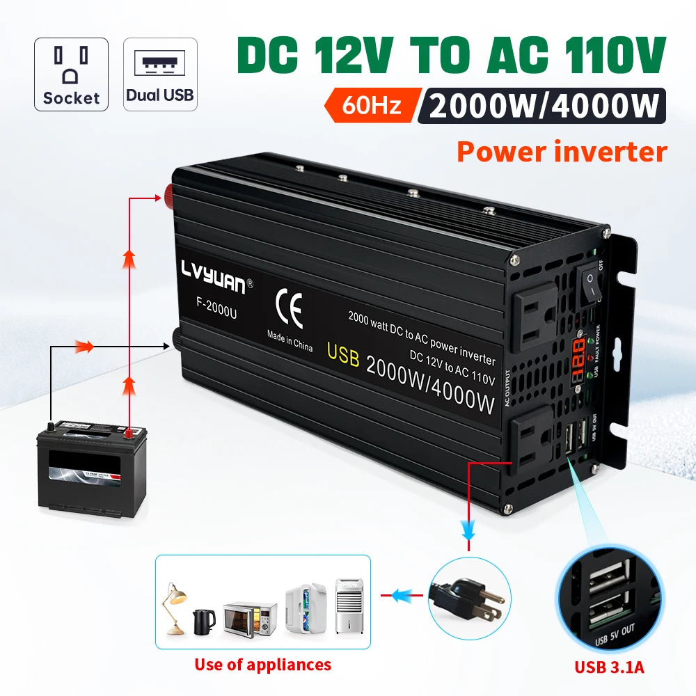 2000W Car Inversor 12V to 110V Universal/EU socket DC to AC Power Inverter home/travel/camping portable power supply Converter