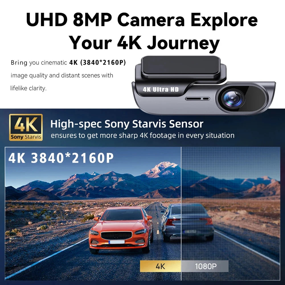 4K Car Dash Camera with GPS Wi-Fi Car DVR UHD Recording Video Recorder 24H Parking Monitor Driving Vehicle Cam Night Vision