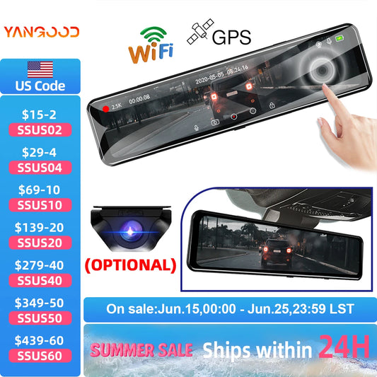Yangood A45 2.5K Dashcam Auto Car DVR 11 Inch Touch IPS RearView Mirror Support WIFI Rear View Camera Car Camera Video Recorder