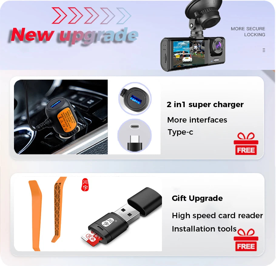 Dash Cam FHD 1080P Car Video Recorder 3 in 1 Car DVR Dashcam Rear View Camera with Rear lens Night Vision For Truck Taxi