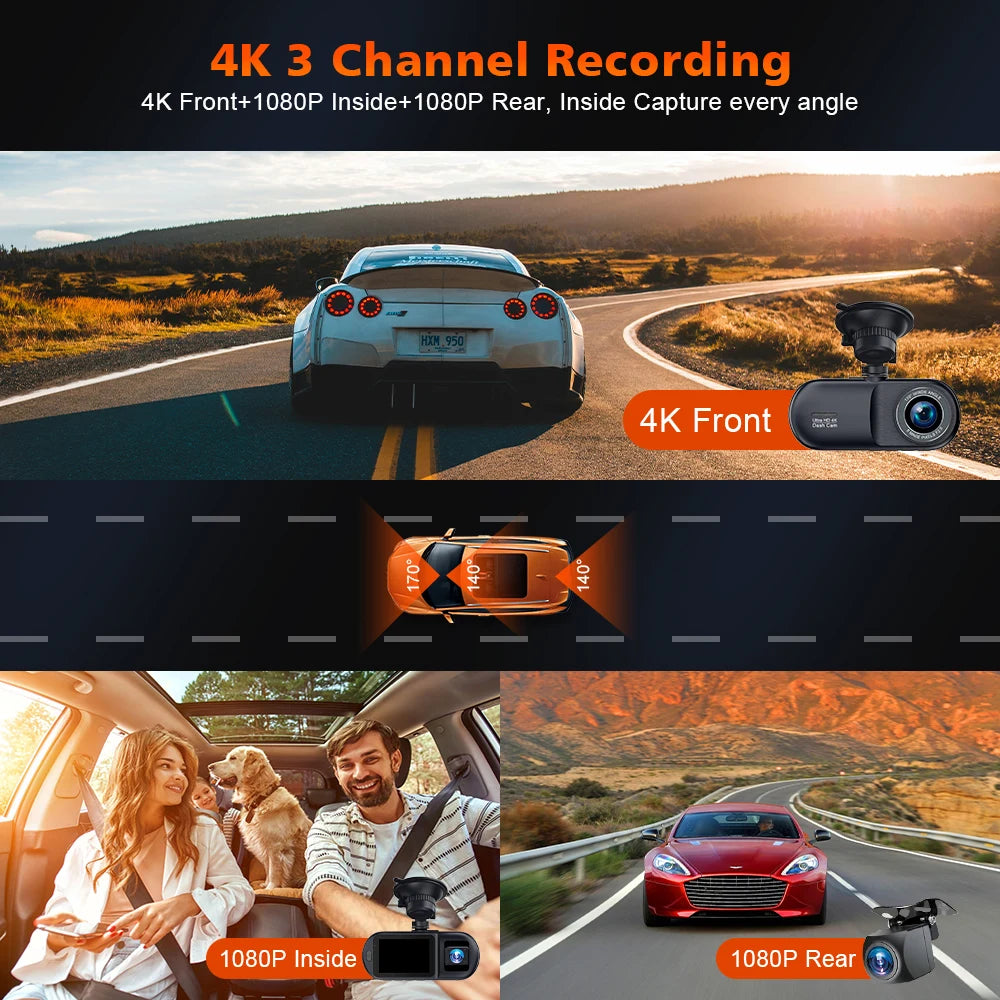 Soam 4K Car Dash Cam 3 Channel Front Rear And Inside Night Vision 24H Parking Monitor APP control Built-In WIFI Dvr Dash Cam