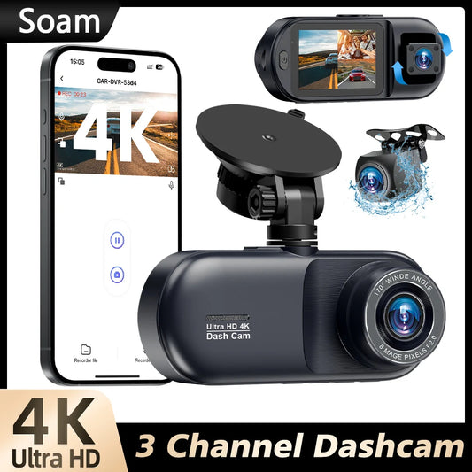 Soam 4K Car Dash Cam 3 Channel Front Rear And Inside Night Vision 24H Parking Monitor APP control Built-In WIFI Dvr Dash Cam