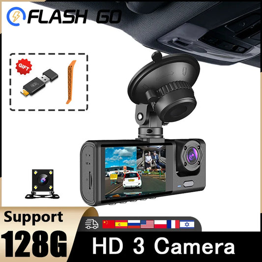 Dash Cam FHD 1080P Car Video Recorder 3 in 1 Car DVR Dashcam Rear View Camera with Rear lens Night Vision For Truck Taxi