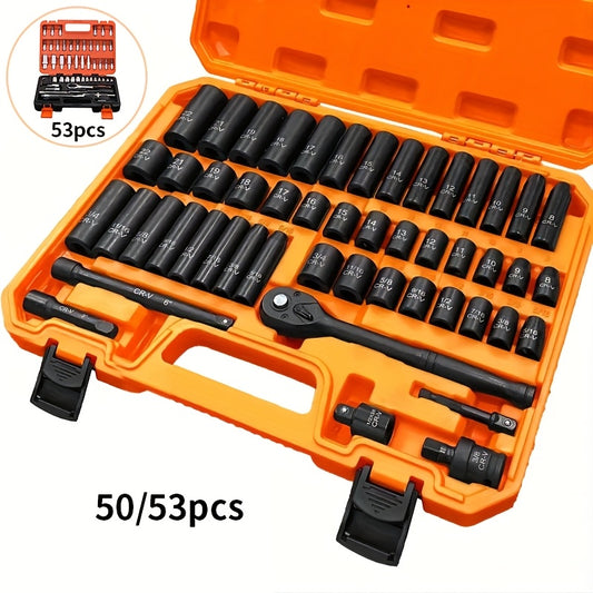 53/50pcs Cr-V Impact Socket Set, 3/8" Drive, 6-Point Design, SAE (5/16" To 3/4") & Metric (8 To 22mm) Sizes, Includes Ratchet Handle, Extension Bar, Joint, And Gloves